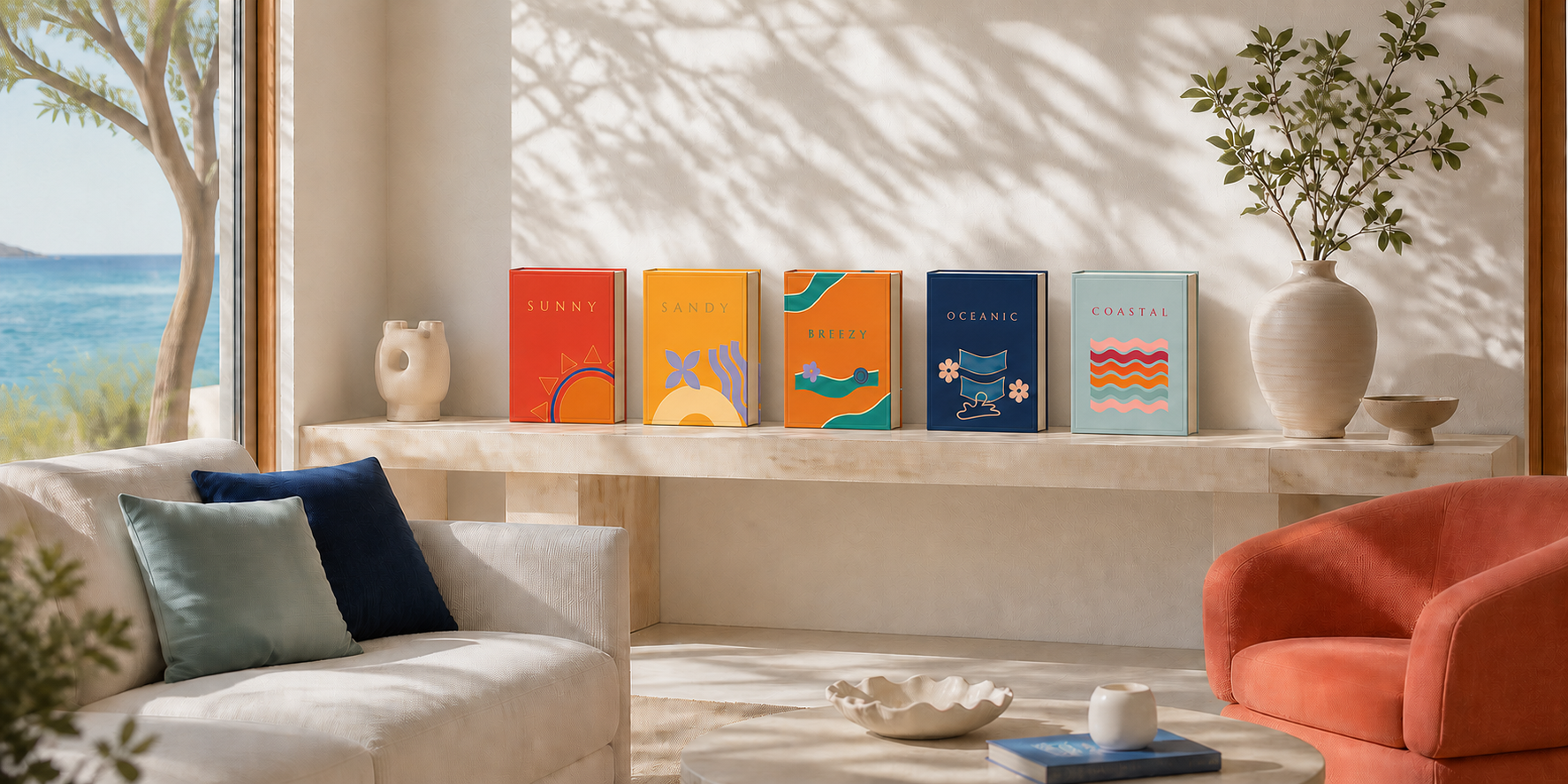 The five LOEFT editions, Sunny, Sandy, Breezy, Oceanic and Coastal, displayed on a travertine console in a sunlit coastal living room