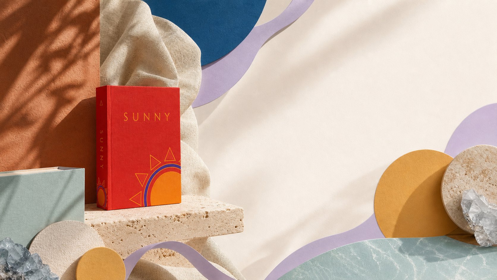 The Sunny volume on a travertine plinth amid sculptural colour forms
