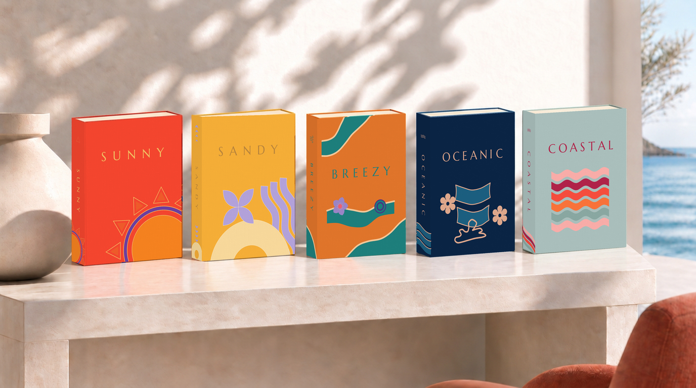 The five colourful Hello, Coastline book boxes displayed together by the sea