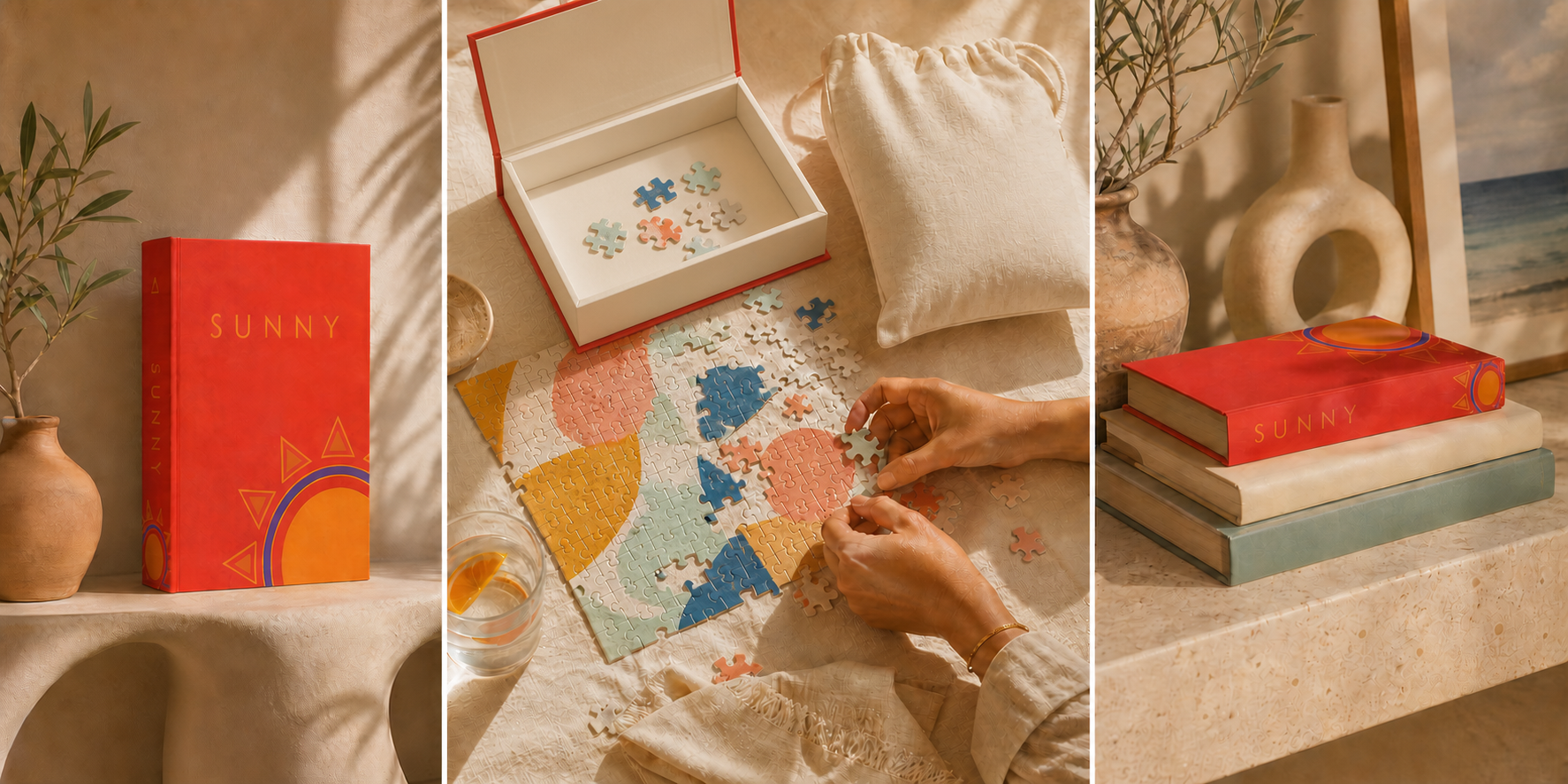 Sunny volume on a plaster ledge, the puzzle mid-assembly on linen, and the volume stacked on a travertine console
