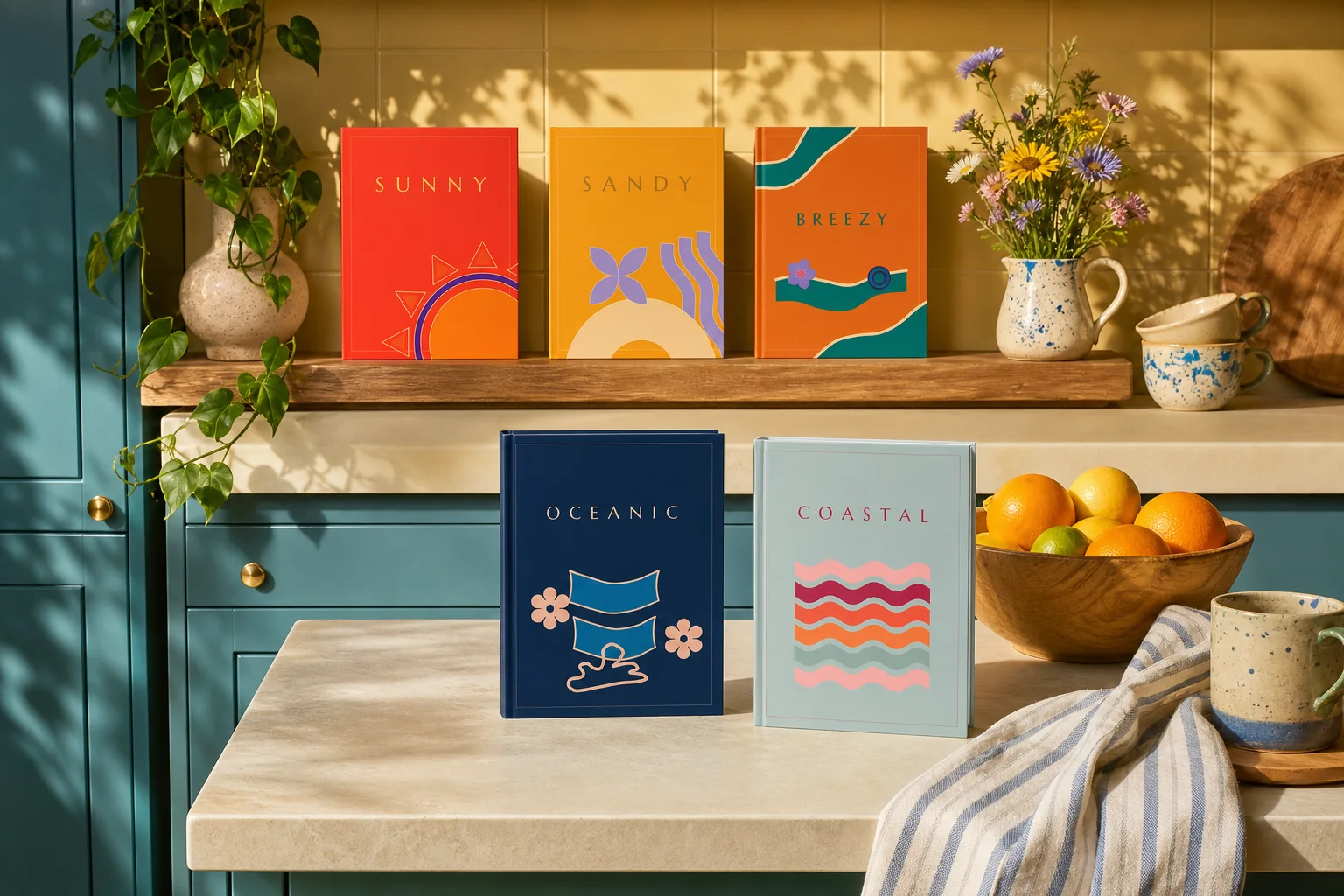 All five Hello, Coastline volumes styled across a sunlit kitchen shelf and travertine counter