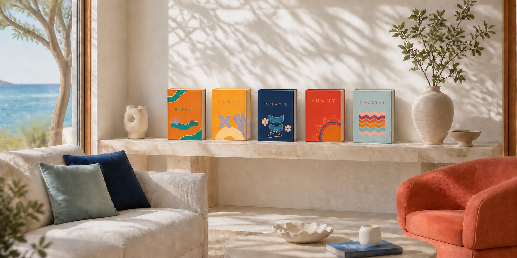 The five LOEFT editions, Breezy, Sandy, Oceanic, Sunny and Coastal, displayed on a travertine console in a sunlit coastal living room