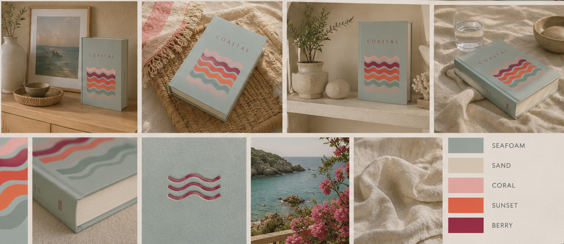 Coastal edition moodboard: sea glass sage layered with berry and coral tones