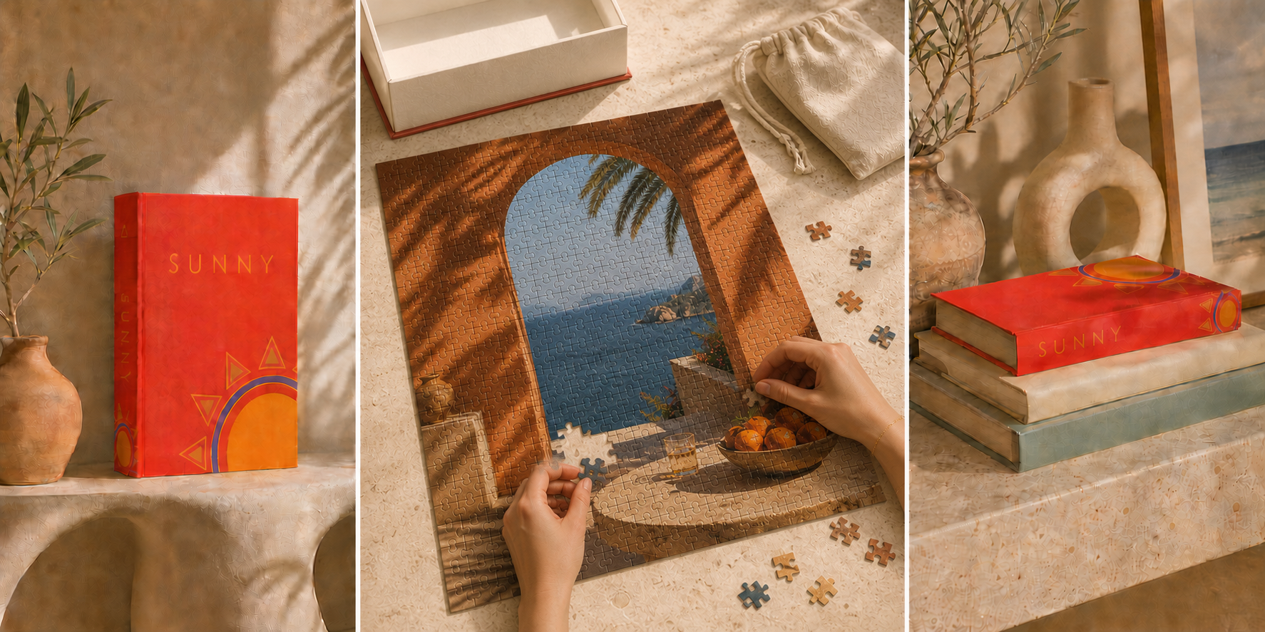Sunny volume on a plaster ledge, the puzzle mid-assembly on linen, and the volume stacked on a travertine console