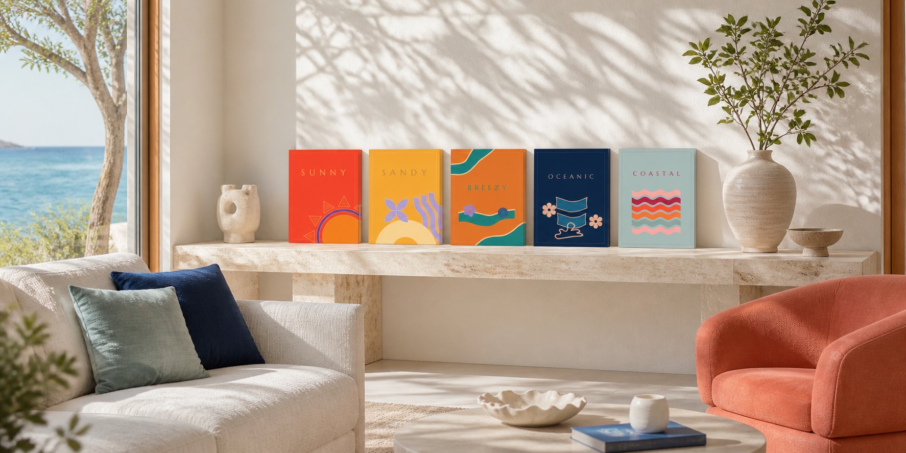 The five LOEFT volumes, Sunny, Sandy, Breezy, Oceanic and Coastal, on a travertine console in a sunlit coastal living room
