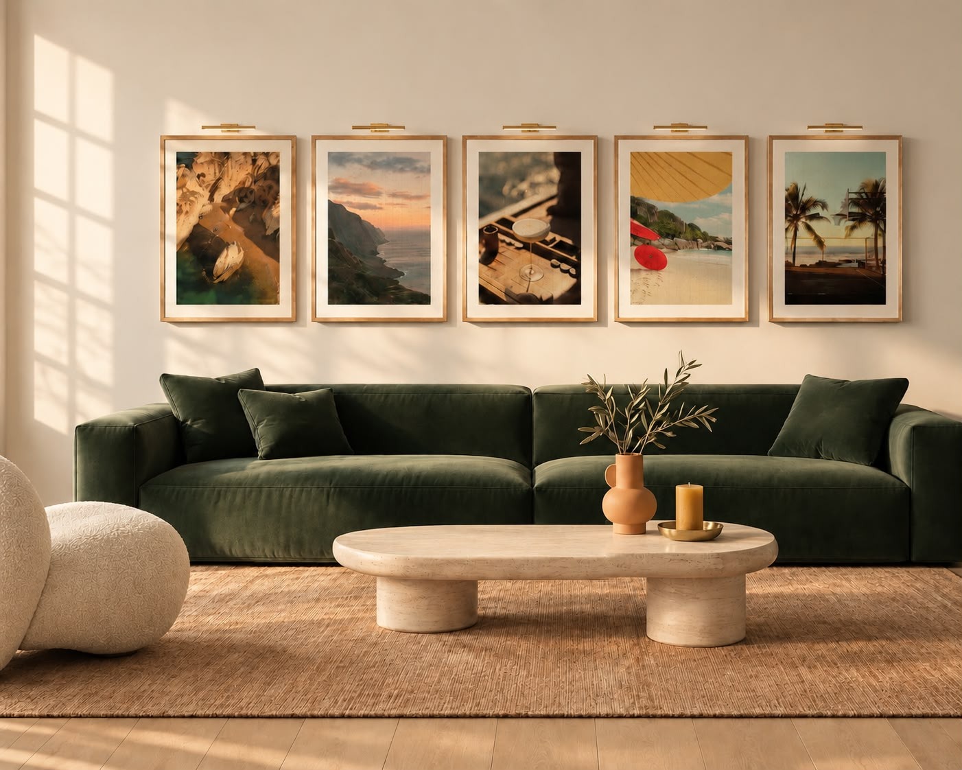 All five Hello, Coastline puzzle artworks hung in matching natural oak frames with wide ivory mats and slim brass picture lights above an emerald velvet sofa in a sunlit living room, with a terracotta jug of olive branches and a candle on an oval travertine table
